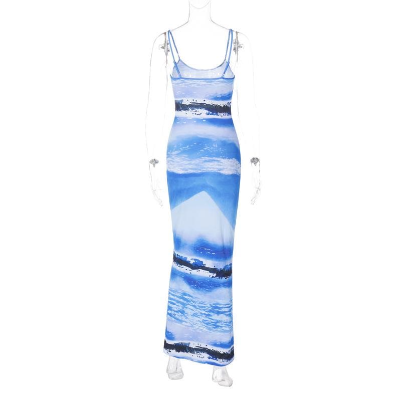 Printed Scoop-Neck Ribbed Maxi Dress with an Open Back