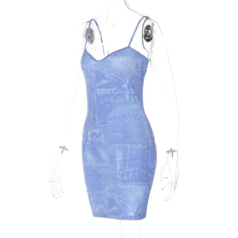 Denim-Print V-Neck Strappy Mini Dress with an Open Back