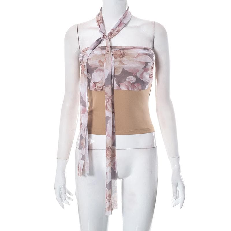 Floral Strapless Open-Back Top with Panel Details