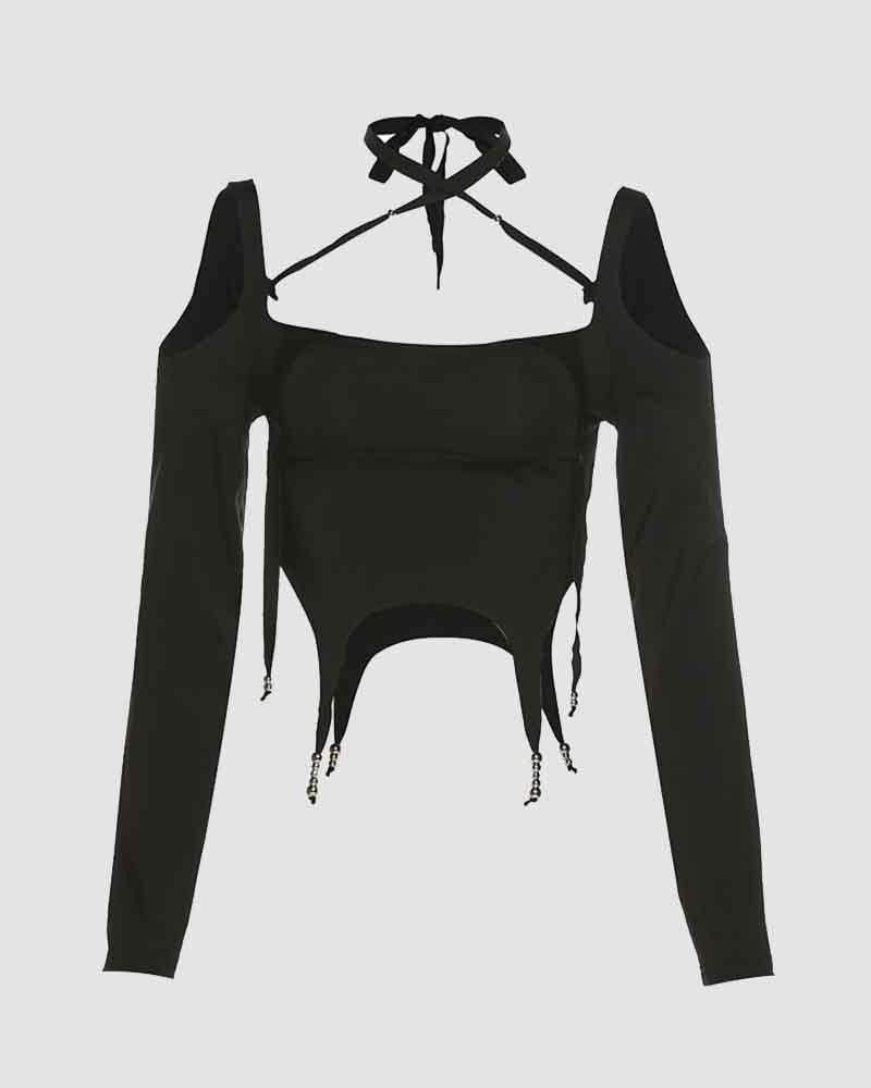 Cropped Long-Sleeve Crop Top with a Halter Neck