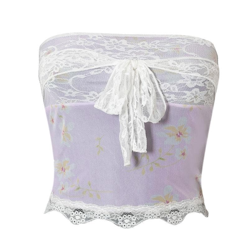 Floral Strapless Sheer Top with Lace Details
