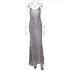 Snake-Print Scoop-Neck Strappy Maxi Dress with Cross-Back Straps