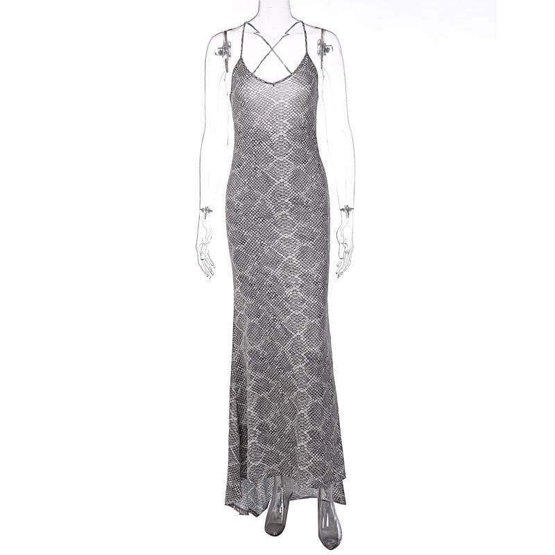 Snake-Print Scoop-Neck Strappy Maxi Dress with Cross-Back Straps