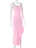Scoop-Neck Strappy Ruffled Maxi Dress with an Open Back