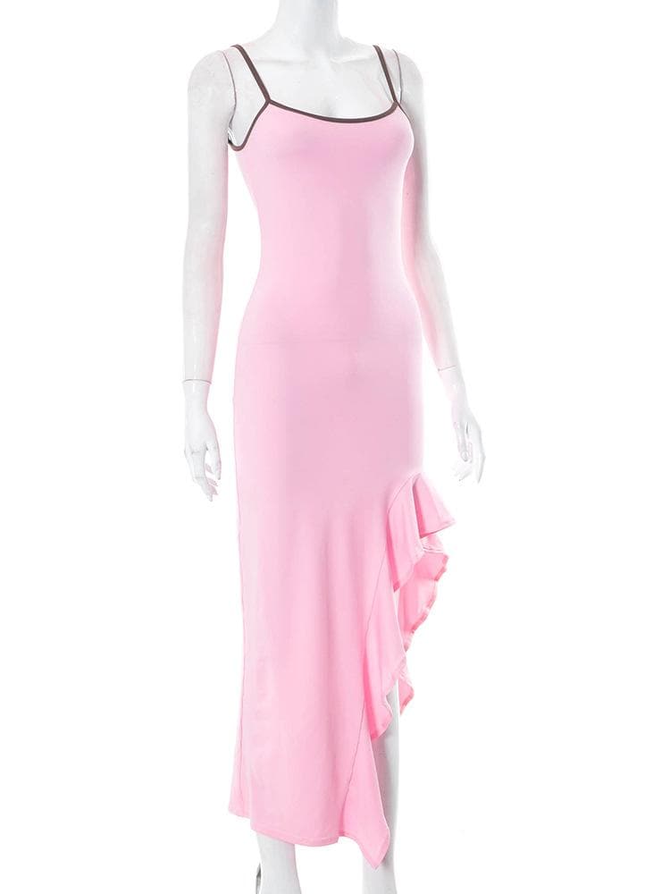 Scoop-Neck Strappy Ruffled Maxi Dress with an Open Back