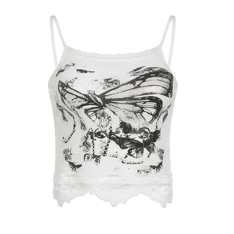 Ribbed Lace Strappy Cami Top with Butterfly Details
