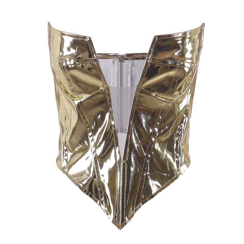 Strapless Open-Back Zip-Front Corset Top with a V-Neck