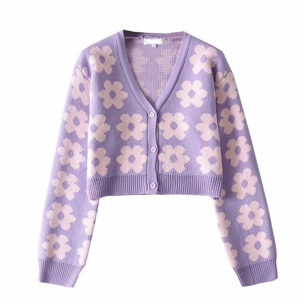 Floral Knit Button-Detail Cardigan with a V-Neck