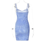 Denim-Print V-Neck Strappy Mini Dress with an Open Back