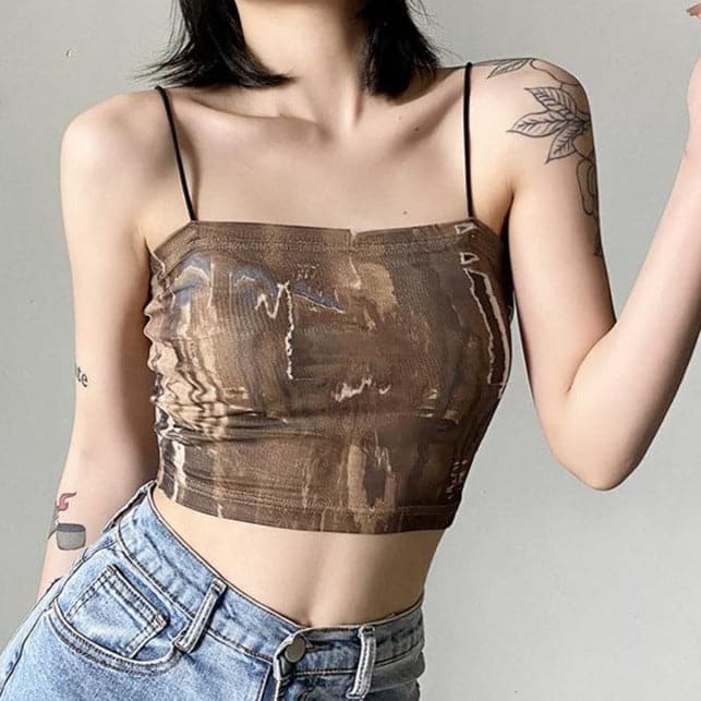 Printed Spaghetti-Strap Cropped Cami Top with a Square Neck