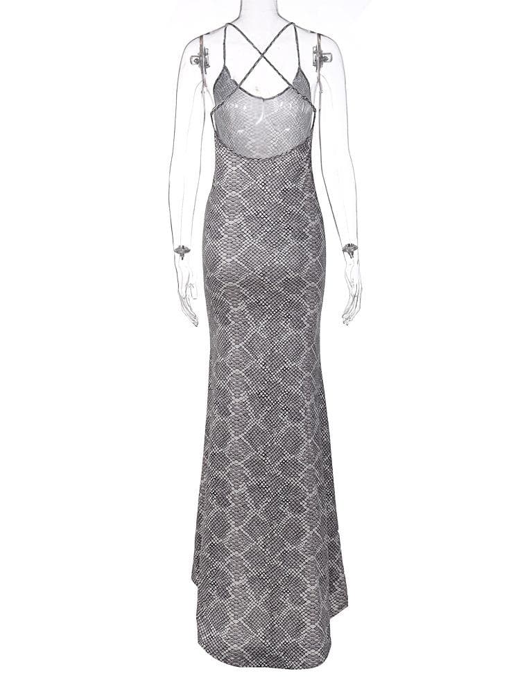 Snake-Print Scoop-Neck Strappy Maxi Dress with Cross-Back Straps