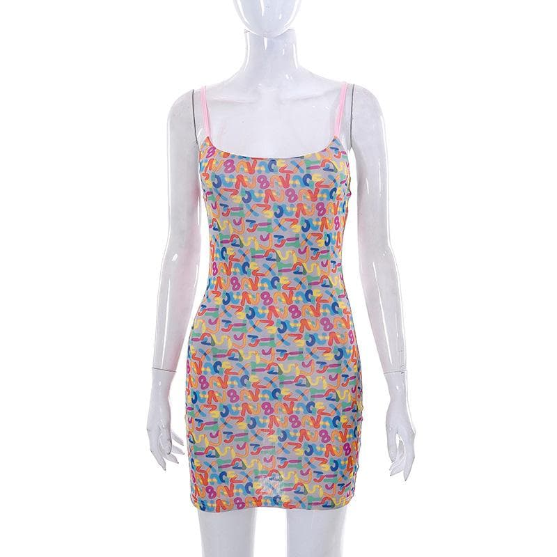 Lettered Square-Neck Strappy Mini Dress