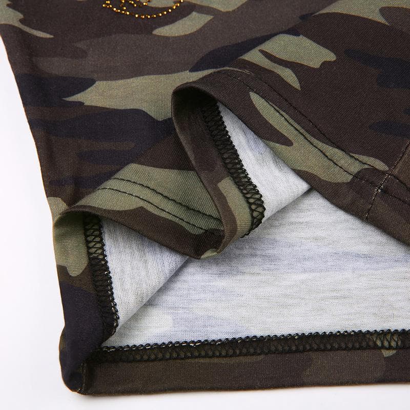 Camo-Print Strappy Cropped Cami Top with a Scoop Neck