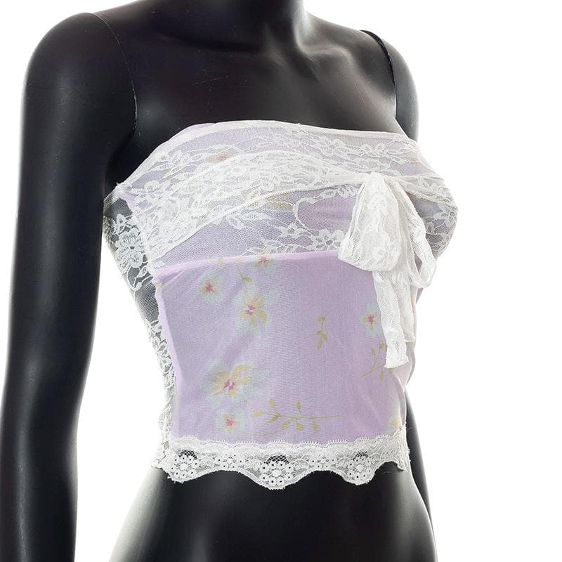 Floral Strapless Sheer Top with Lace Details
