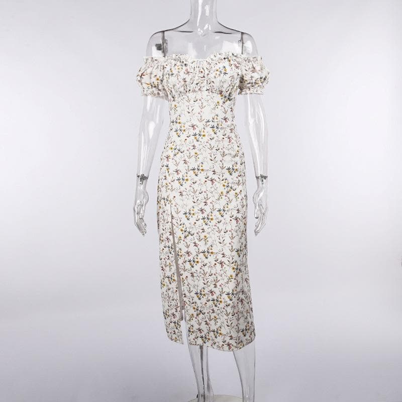 Floral Off-Shoulder Puff-Sleeve Midi Dress with Ruched Details