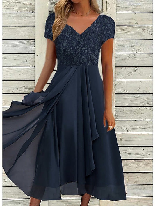 Navy Blue Short Sleeve Floral Ruched Chiffon Formal Party Midi Dress