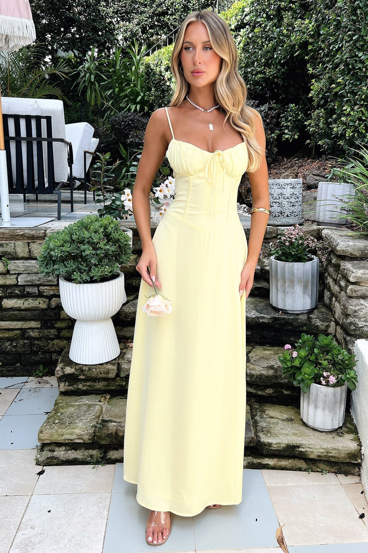 A-Line Lace-Up Maxi Dress with Lace Details