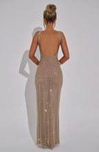 Gold Square-Neck Mesh Dress with Rhinestone Accents