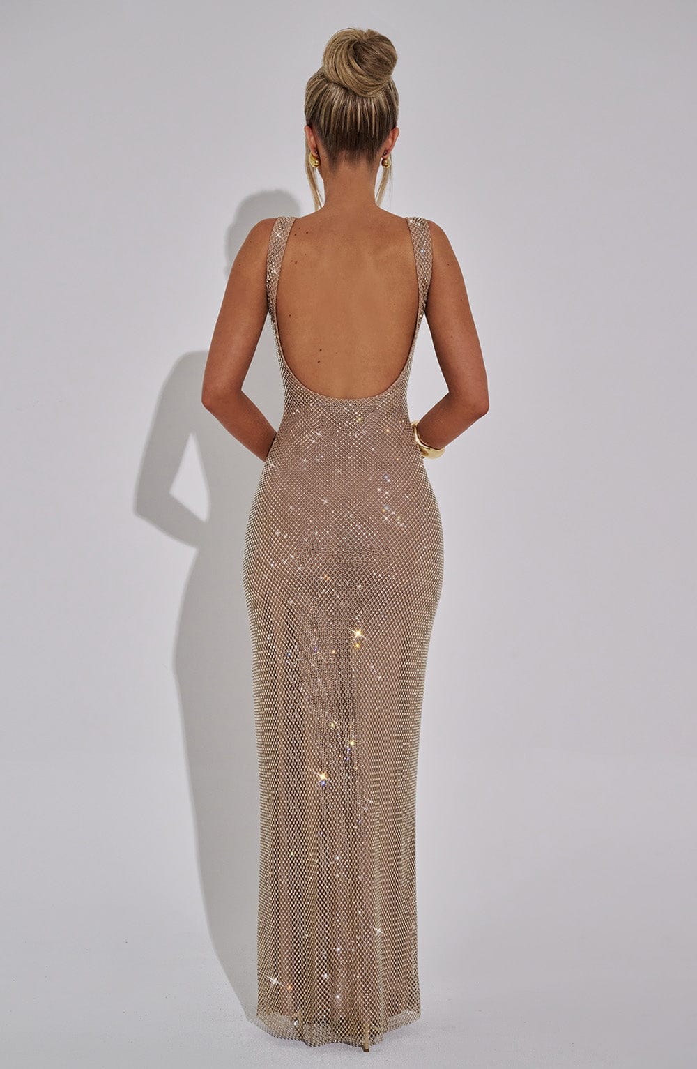 Gold Square-Neck Mesh Dress with Rhinestone Accents