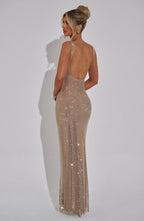 Gold Square-Neck Mesh Dress with Rhinestone Accents