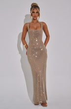 Gold Square-Neck Mesh Dress with Rhinestone Accents