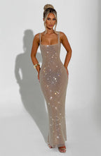 Gold Square-Neck Mesh Dress with Rhinestone Accents