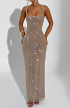 Gold Square-Neck Mesh Dress with Rhinestone Accents