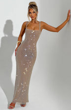 Gold Square-Neck Mesh Dress with Rhinestone Accents