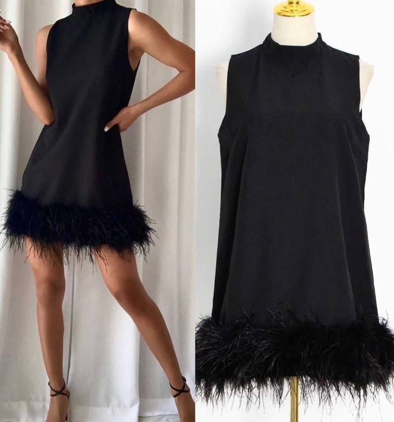 Crewneck A-Line Dress with Feather Details