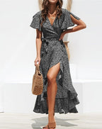 Bell-Sleeve Wrap-Style Dress with a V-Neck