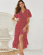 Bell-Sleeve Wrap-Style Dress with a V-Neck
