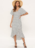 Bell-Sleeve Wrap-Style Dress with a V-Neck