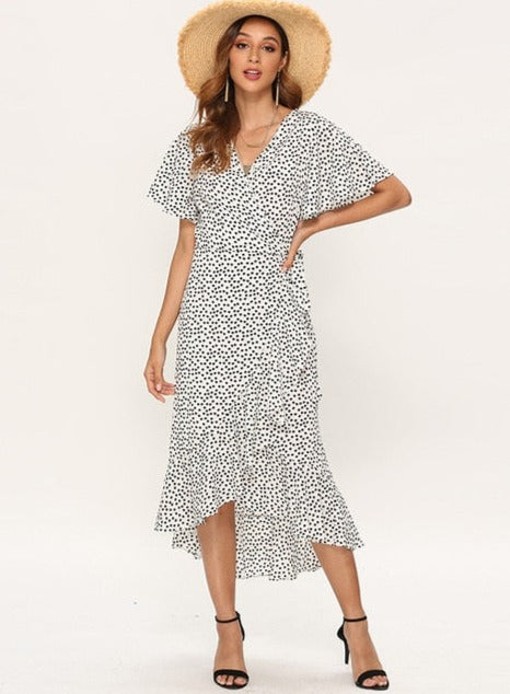 Bell-Sleeve Wrap-Style Dress with a V-Neck