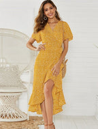 Bell-Sleeve Wrap-Style Dress with a V-Neck
