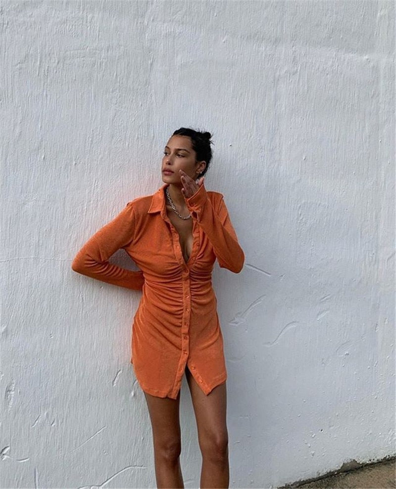 Collared Button-Detail Dress with Ruched Details