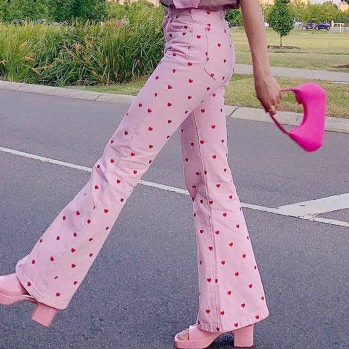 Pink Printed Y2K Retro Pants with Pockets