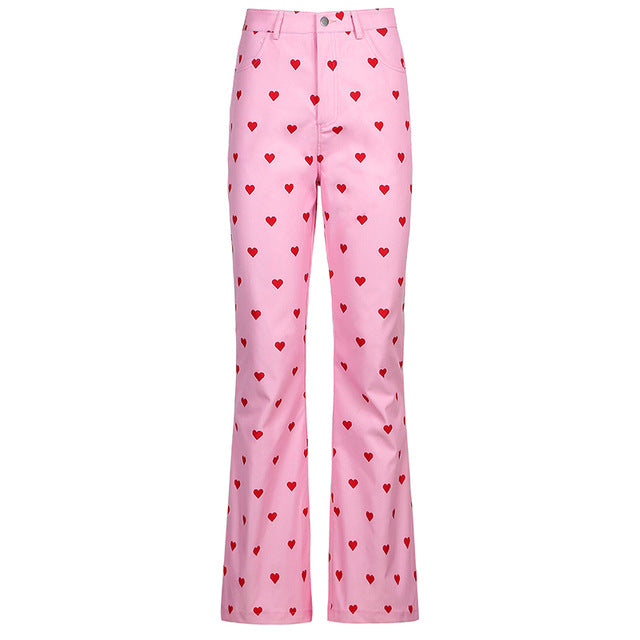 Pink Printed Y2K Retro Pants with Pockets