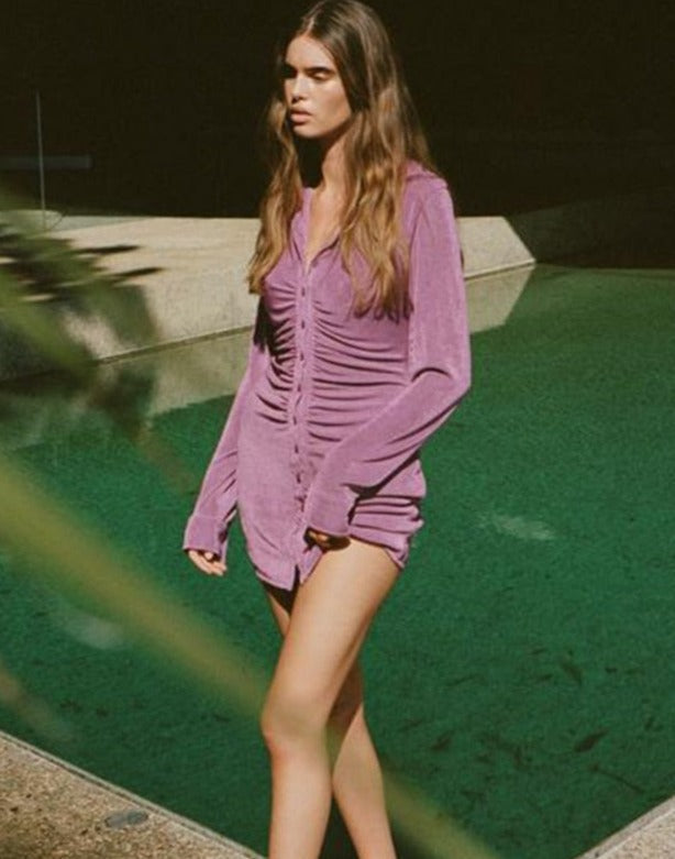 Collared Button-Detail Dress with Ruched Details