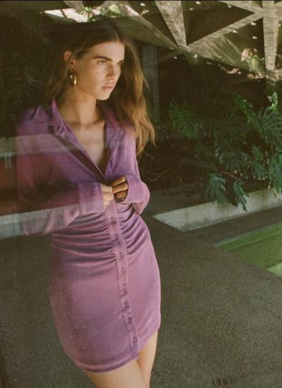 Collared Button-Detail Dress with Ruched Details