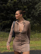 Collared Button-Detail Dress with Ruched Details