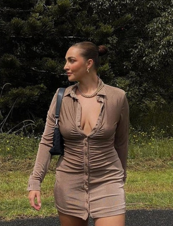 Collared Button-Detail Dress with Ruched Details