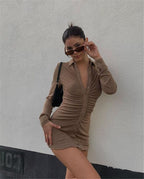 Collared Button-Detail Dress with Ruched Details