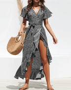 Bell-Sleeve Wrap-Style Dress with a V-Neck