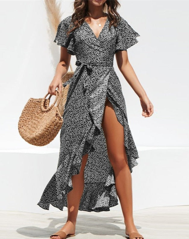Bell-Sleeve Wrap-Style Dress with a V-Neck