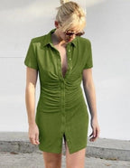 Collared Button-Detail Dress with Ruched Details