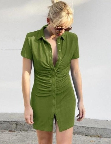 Collared Button-Detail Dress with Ruched Details
