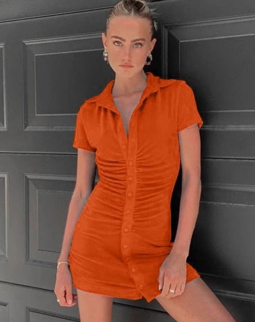 Collared Button-Detail Dress with Ruched Details