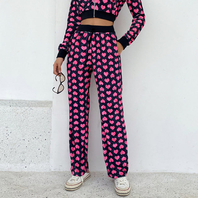 Pink Printed Y2K Retro Pants with Pockets