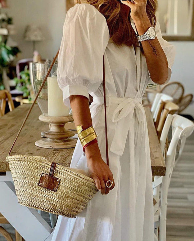 Single-Breasted Tie-Waist Dress with Button Details