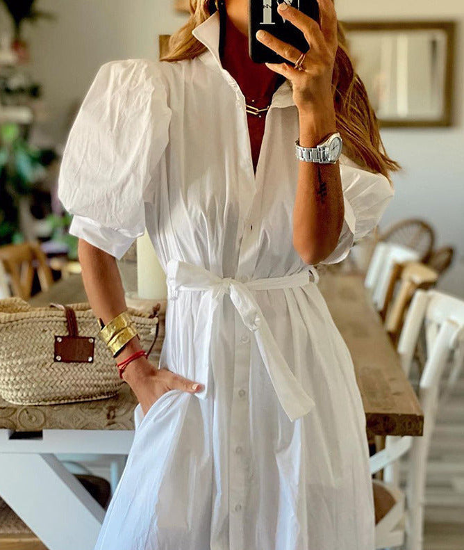Single-Breasted Tie-Waist Dress with Button Details
